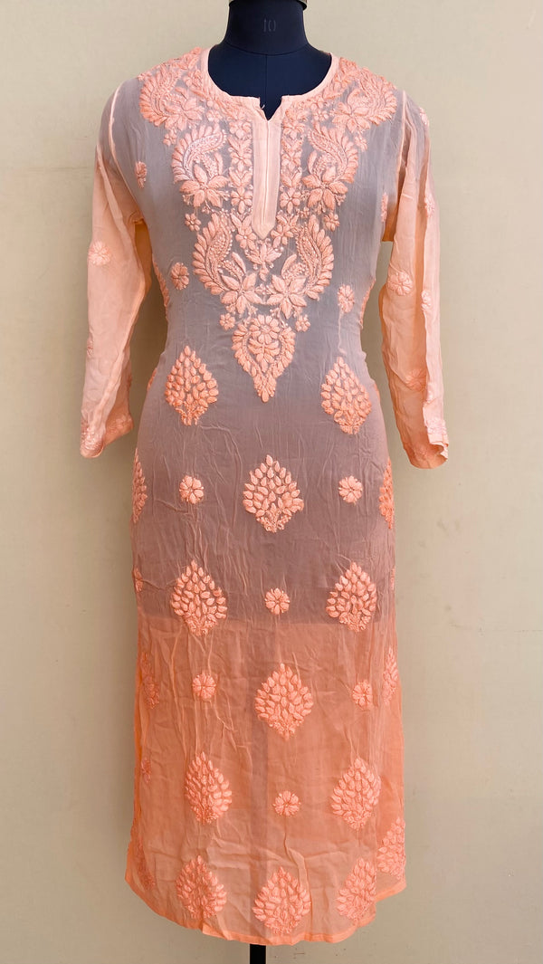 Lucknowi Chikankari Ombre Kurti Orange Pure Georgette Self 3D Work