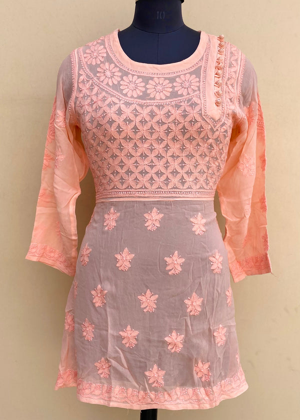 Lucknowi Chikankari Short Kurti Peach Pure Georgette