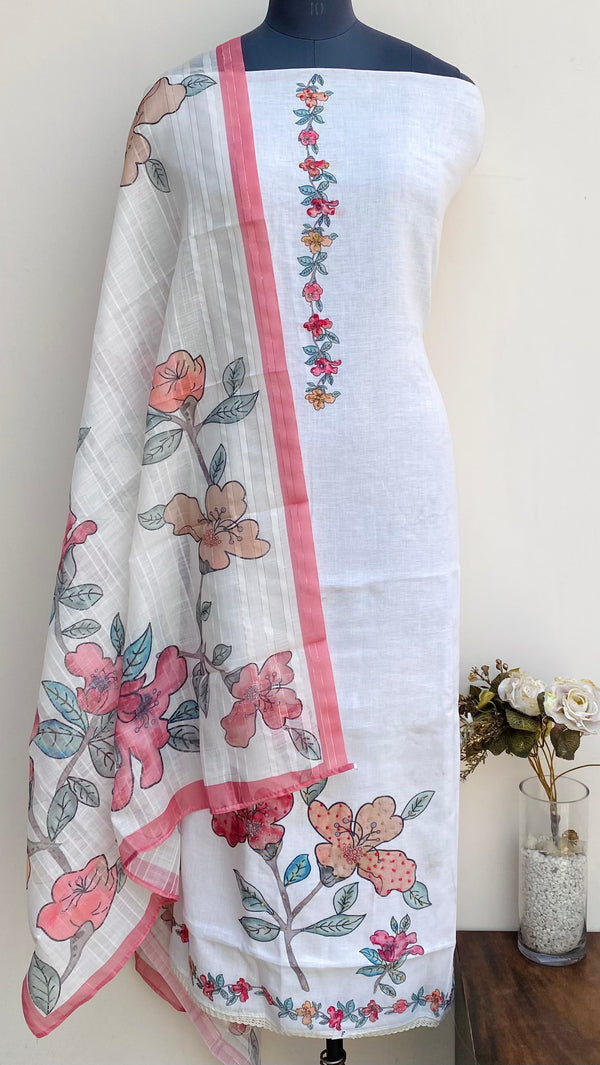 Designer Embroidered Suit Length 3 Piece Cream Linen