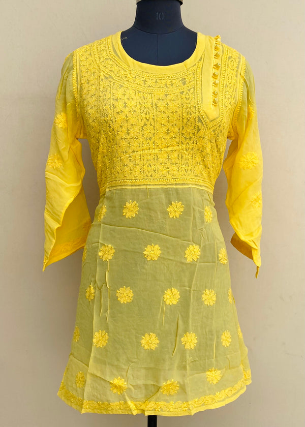 Lucknowi Chikankari Short Kurti Yellow Pure Georgette