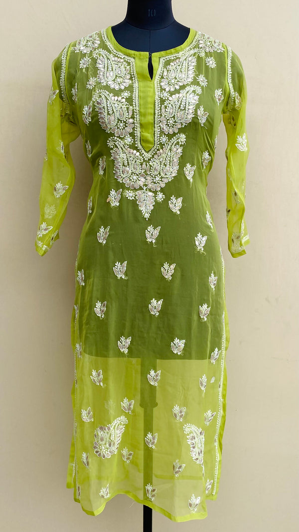 Lucknowi Chikankari Kurti Parrot Green Georgette With Gotta Patti Work