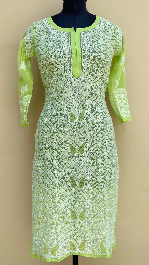 Lucknowi Chikankari Kurti Parrot Green Georgette With Jaali Work