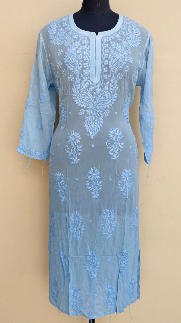 Lucknowi Chikankari Ombre Kurti Powder Blue Pure Georgette Self 3D Work