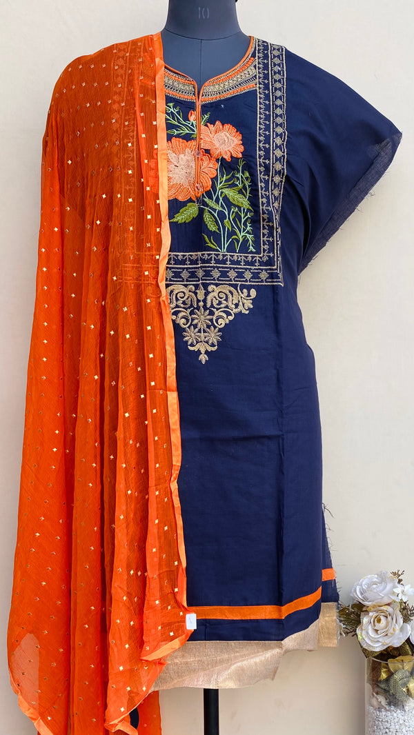 Designer Embroidered Suit Length 3 Piece Navy Blue Mal Cotton