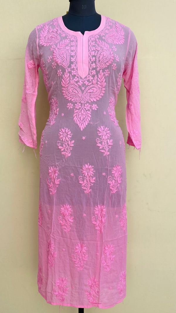 Lucknowi Chikankari Ombre Kurti Pink Pure Georgette With Self 3D Work