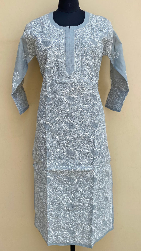 Lucknowi Chikankari Kurti Gray Cotton With Jaali Work