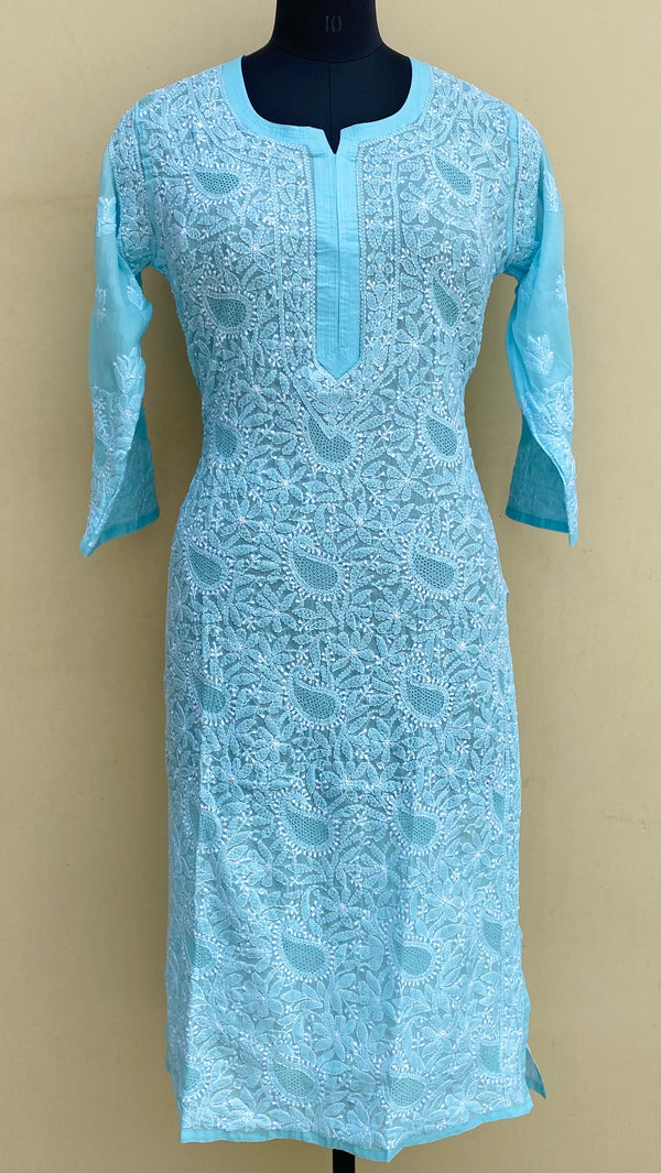 Lucknowi Chikankari Kurti Blue Cotton With Jaali Work