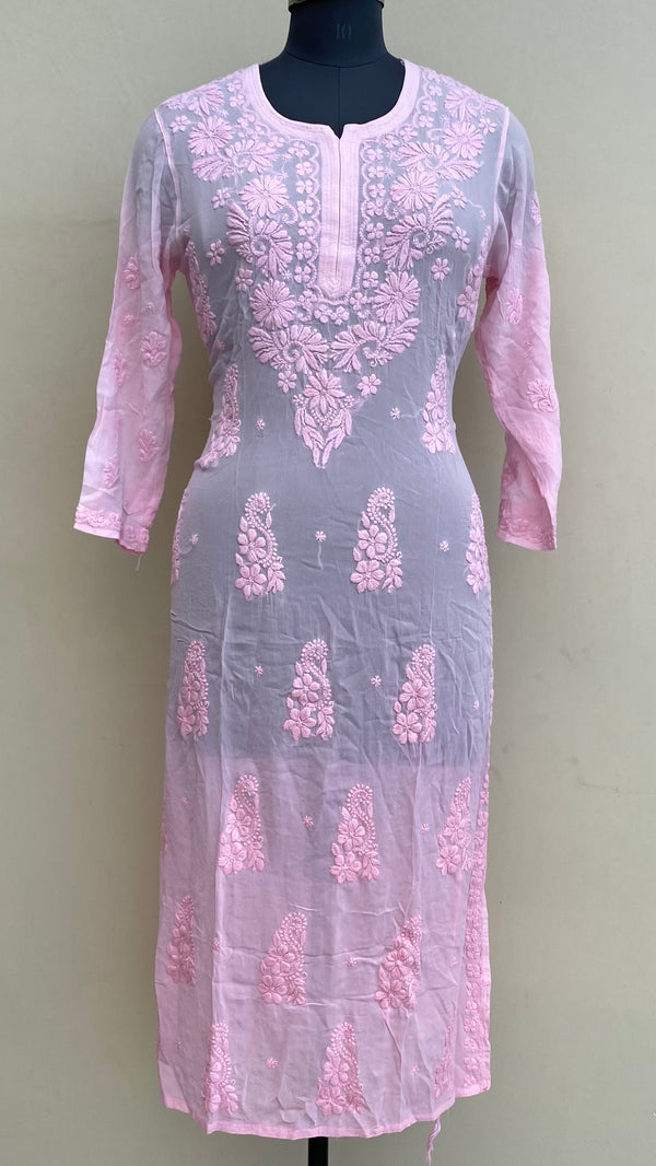 Lucknowi Chikankari Ombre Kurti Pink Pure Georgette Self 3D Work