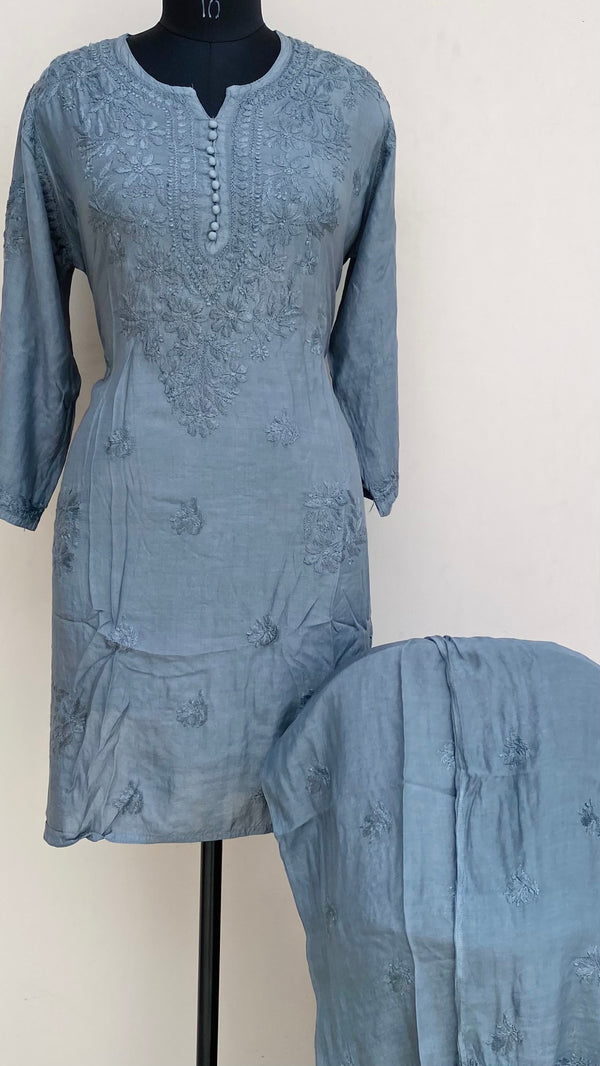 Lucknowi Chikankari Co-ord Set Gray Muslin Cotton With Self Work