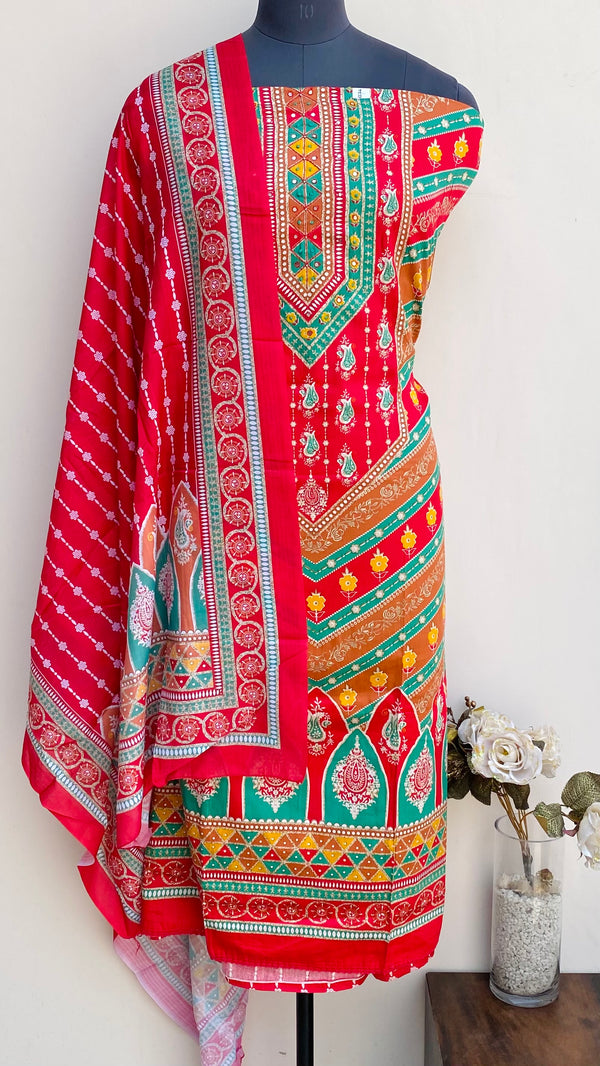 Designer Embroidered Suit Length 3 Piece Multicolour Muslin Cotton