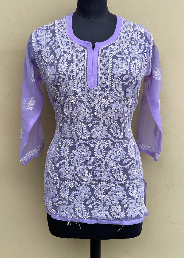 Lucknowi Chikankari Short Kurti Purple Georgette