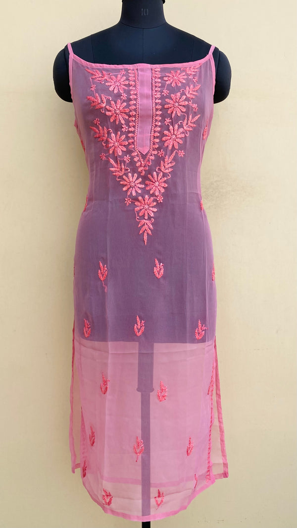 Lucknowi Chikankari Sleeveless Kurti Pink Georgette With Self Work