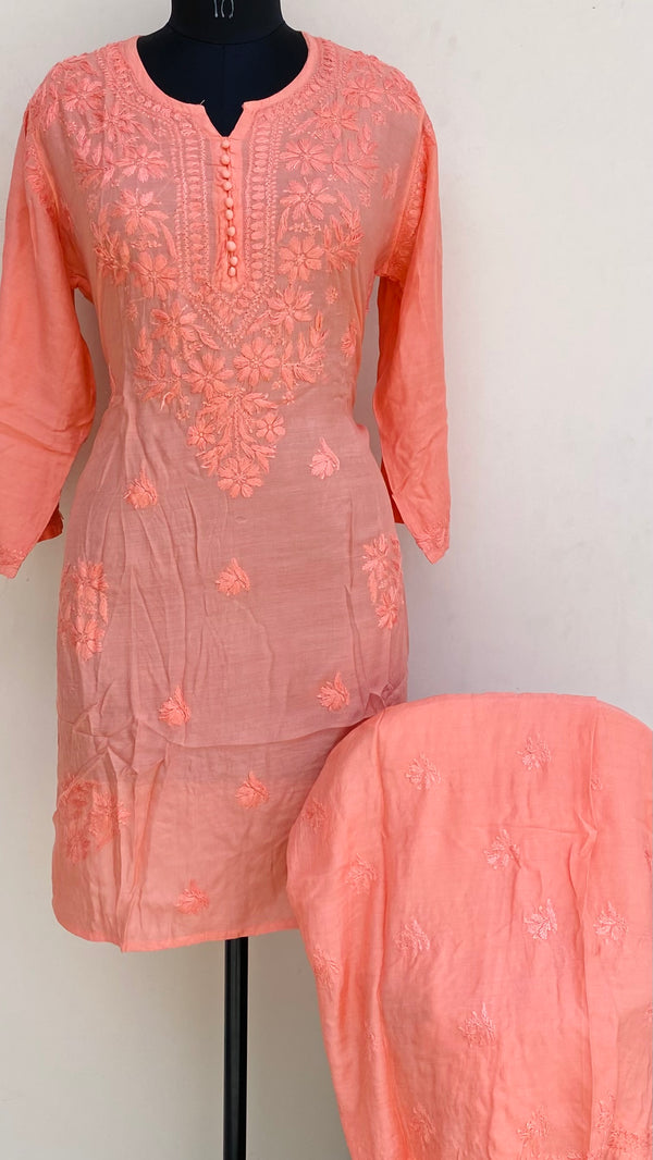 Lucknowi Chikankari Co-ord Set Peach Muslin Cotton With Self Work