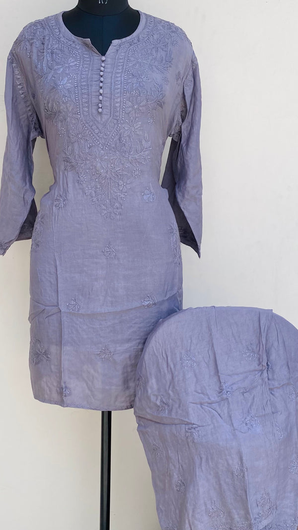 Lucknowi Chikankari Co-ord Set Gray Muslin Cotton With Self Work