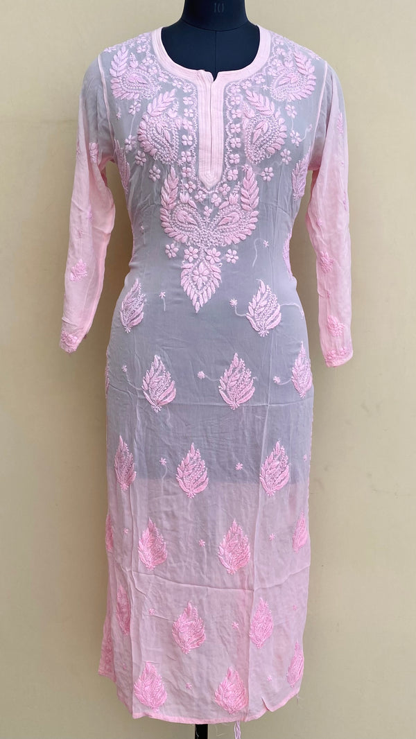 Lucknowi Chikankari Ombre Kurti Pink Pure Georgette Self 3D Work