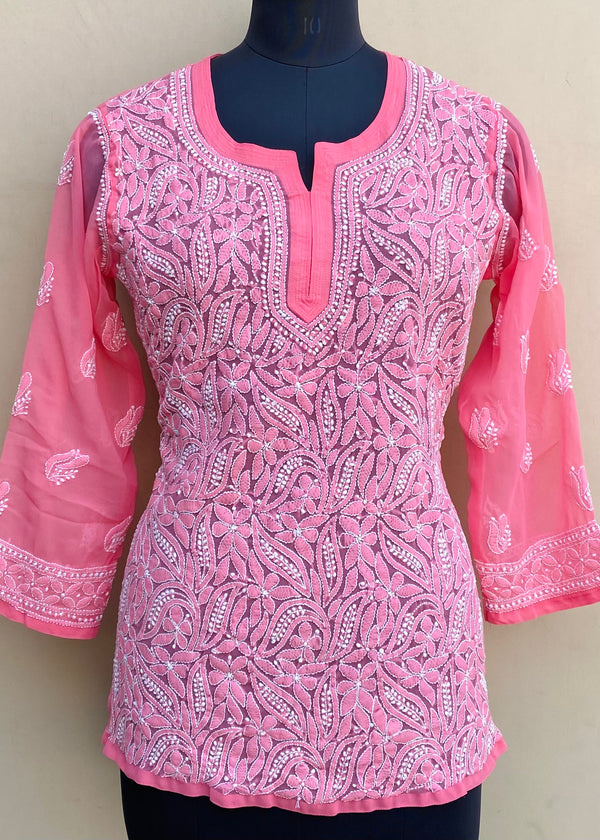 Lucknowi Chikankari Short Kurti Pink Georgette