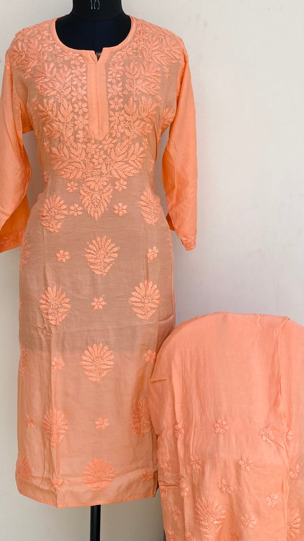 Lucknowi Chikankari Co-ord Set Peach Muslin Cotton With Self Work