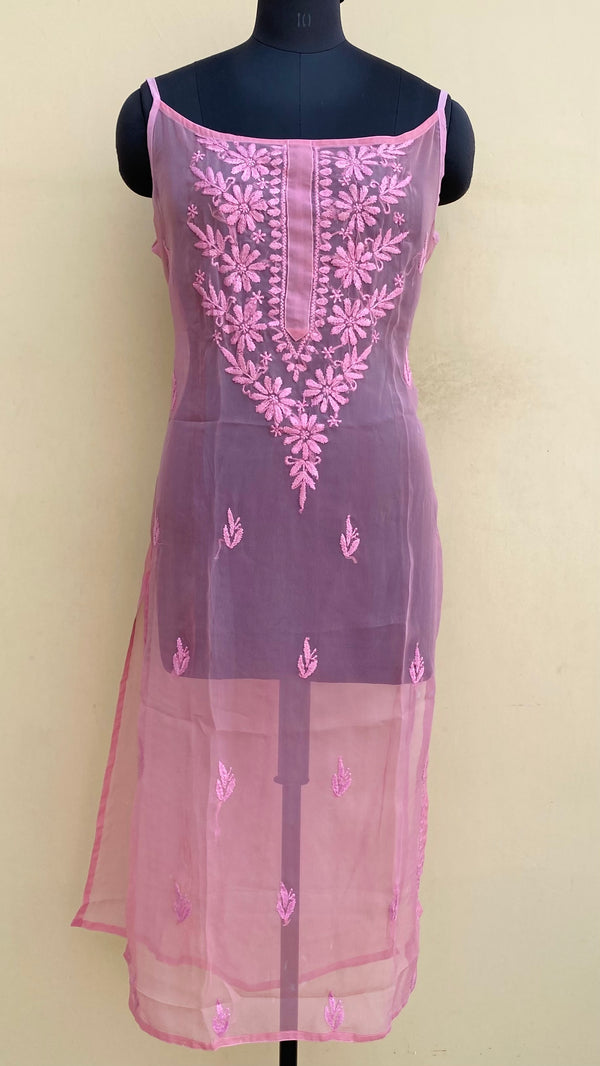 Lucknowi Chikankari Sleeveless Kurti Pink Georgette With Self Work