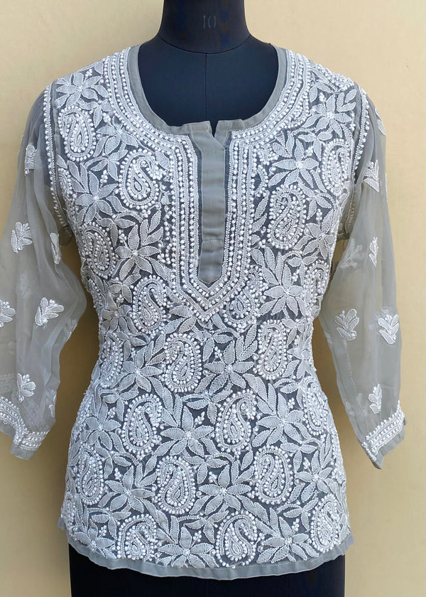 Lucknowi Chikankari Short Kurti Gray Georgette