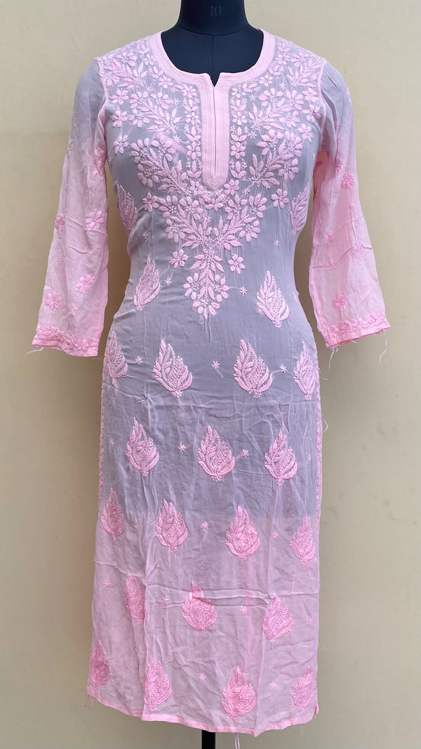 Lucknowi Chikankari Ombre Kurti Pink Pure Georgette Self 3D Work