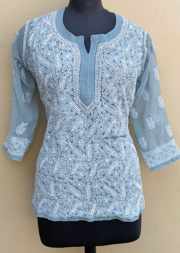 Lucknowi Chikankari Short Kurti Gray Georgette