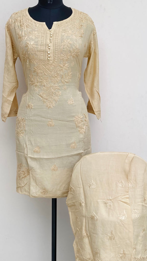 Lucknowi Chikankari Co-ord Set Beige Muslin Cotton With Self Work