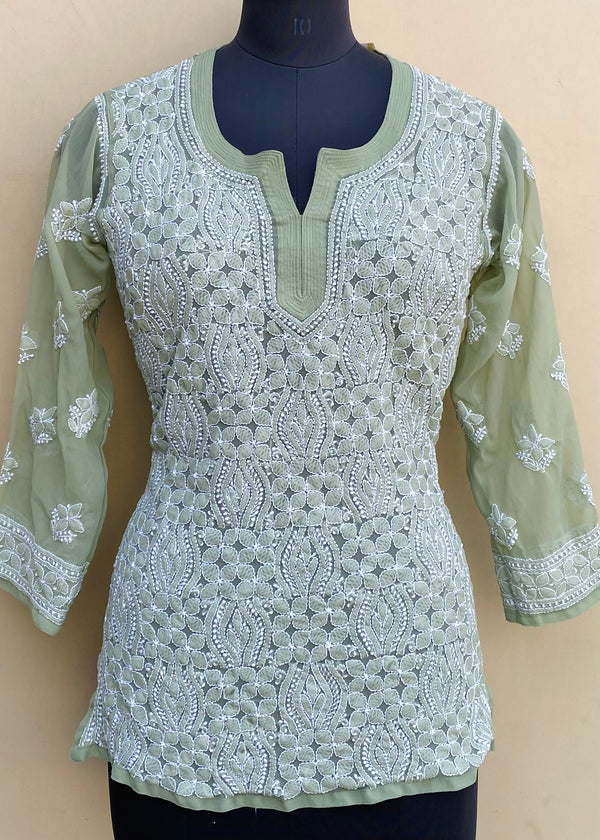 Lucknowi Chikankari Short Kurti Teal Green Georgette