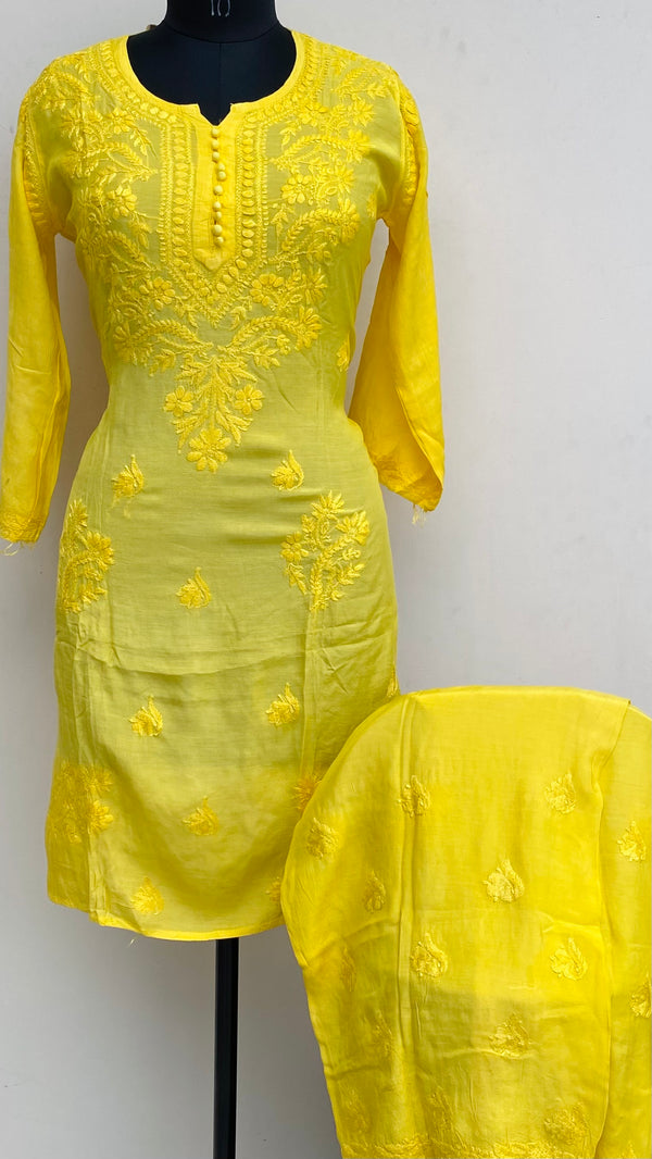 Lucknowi Chikankari Co-ord Set Yellow Muslin Cotton With Self Work