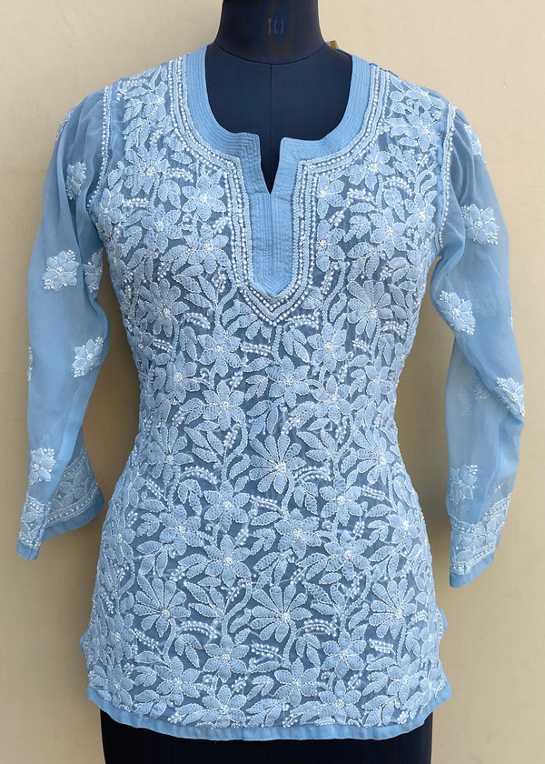 Lucknowi Chikankari Short Kurti Powder Blue Georgette