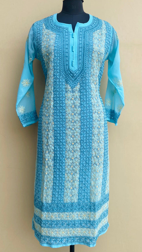 Lucknowi Chikankari Kurti Blue Georgette