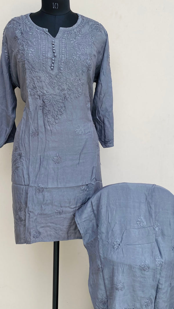 Lucknowi Chikankari Co-ord Set Gray Muslin Cotton With Self Work