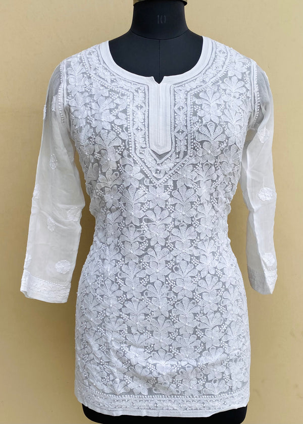 Lucknowi Chikankari Short Kurti White Pure Georgette