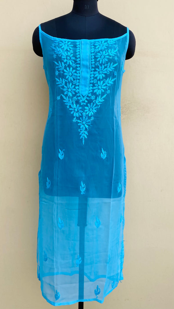 Lucknowi Chikankari Sleeveless Kurti Blue Georgette With Self Work