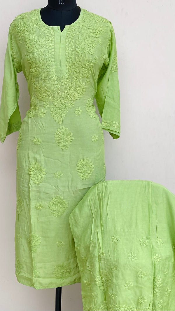 Lucknowi Chikankari Co-ord Set Parrot Green Muslin Cotton With Self Work