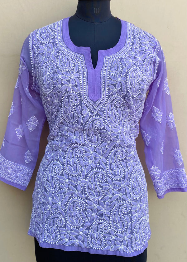 Lucknowi Chikankari Short Kurti Purple Georgette