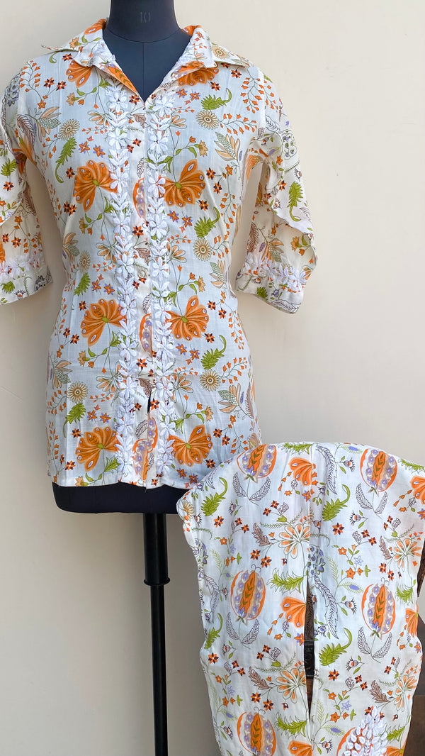 Lucknowi Chikankari Printed Co-ord Set Cream Mulmul Cotton