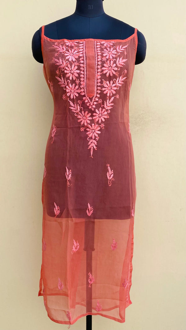 Lucknowi Chikankari Sleeveless Kurti Rust Georgette With Self Work