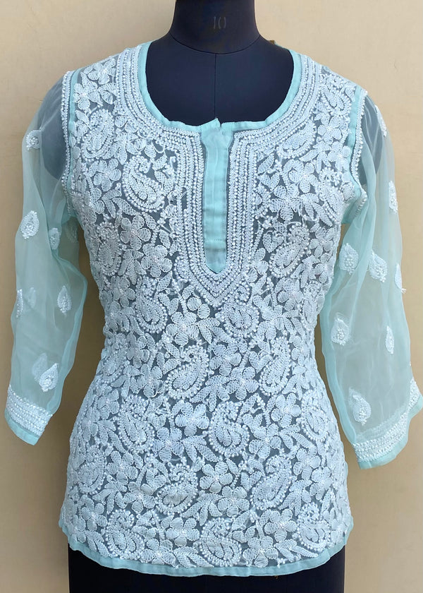 Lucknowi Chikankari Short Kurti Sea Green Georgette