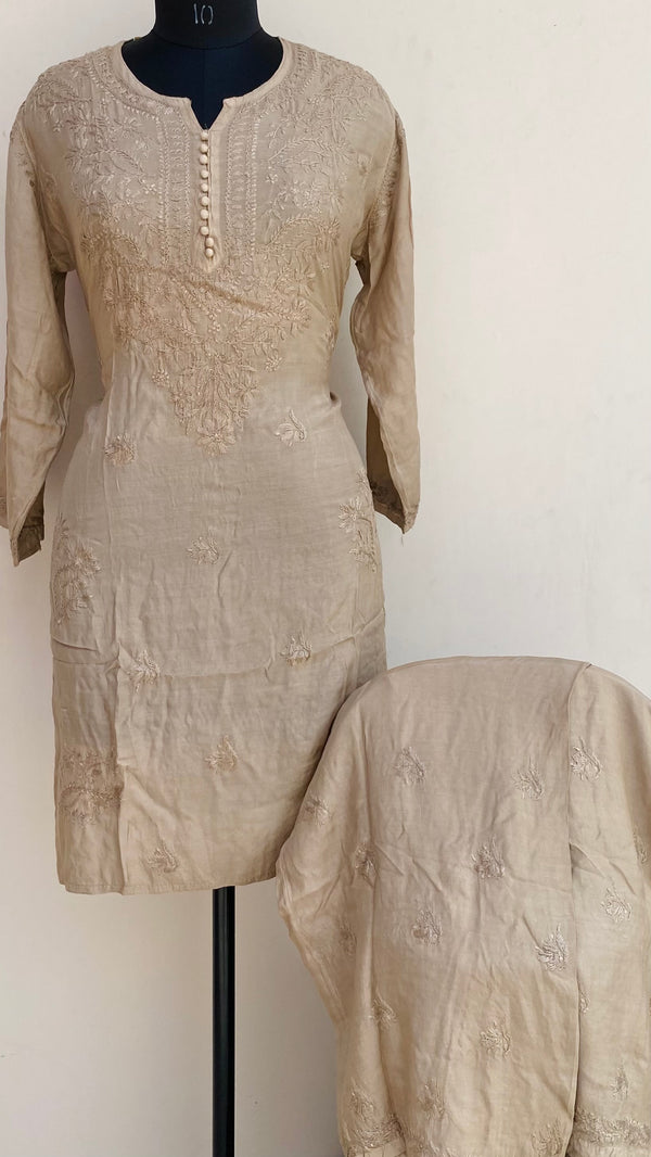 Lucknowi Chikankari Co-ord Set Beige Muslin Cotton With Self Work