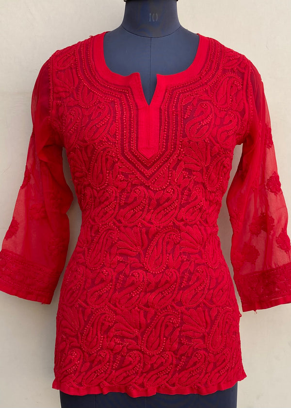 Lucknowi Chikankari Short Kurti Red Georgette