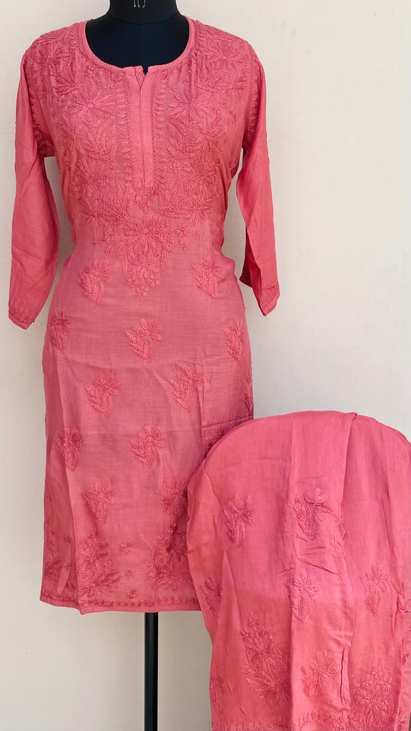 Lucknowi Chikankari Co-ord Set Pink Muslin Cotton With Self Work