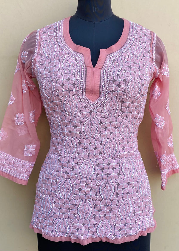 Lucknowi Chikankari Short Kurti Rose Pink Georgette