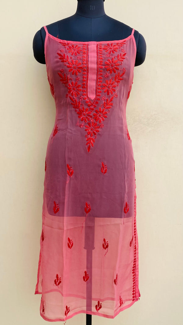 Lucknowi Chikankari Sleeveless Kurti Gajri Georgette With Self Work