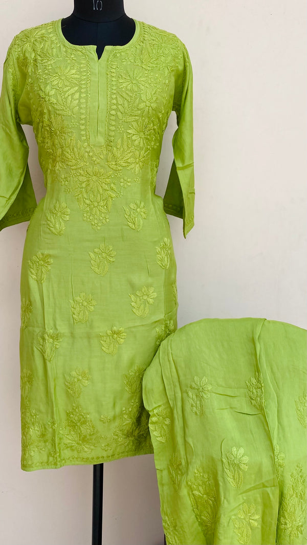 Lucknowi Chikankari Co-ord Set Parrot Green Muslin Cotton With Self Work