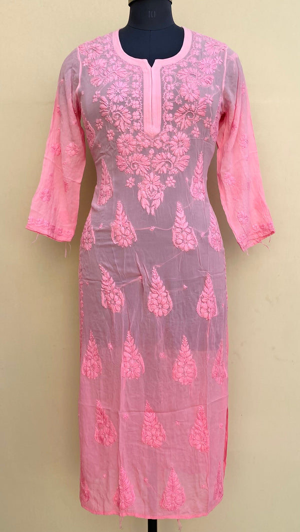 Lucknowi Chikankari Ombre Kurti Pink Pure Georgette Self 3D Work