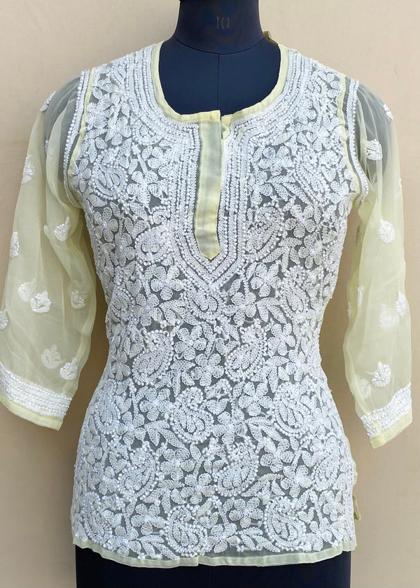 Lucknowi Chikankari Short Kurti Lemon Yellow Georgette