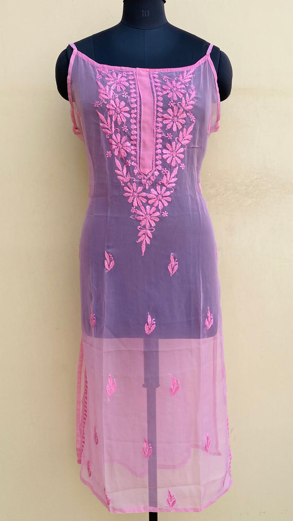 Lucknowi Chikankari Sleeveless Kurti Pink Georgette With Self Work