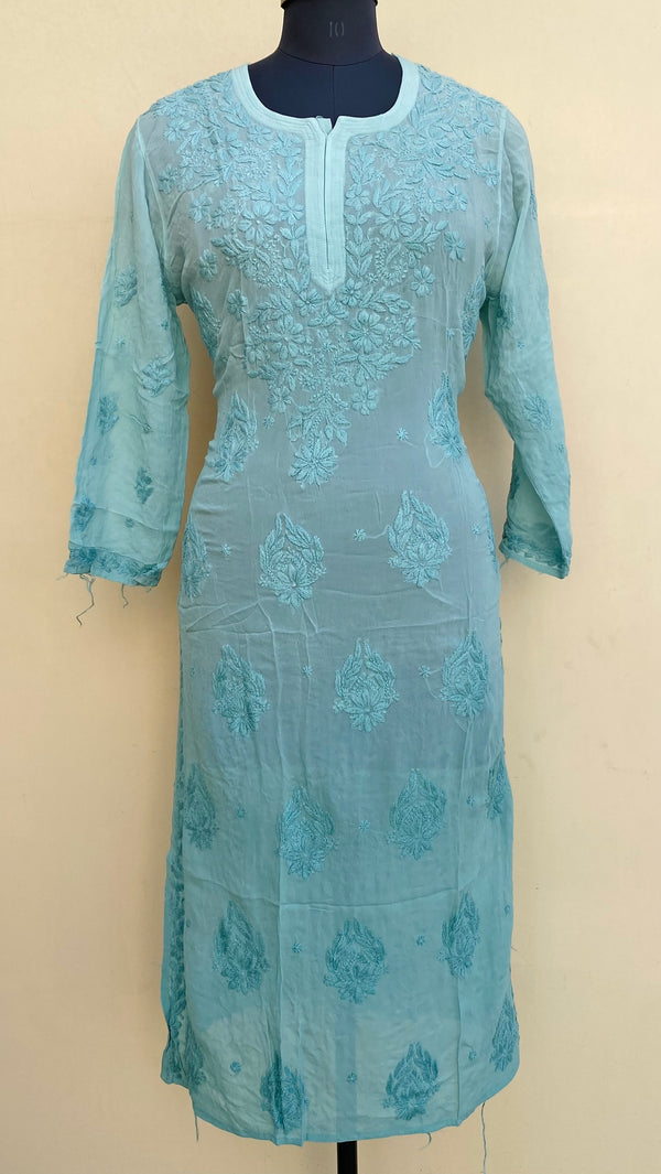 Lucknowi Chikankari Ombre Kurti Teal Green Pure Georgette Self 3D Work