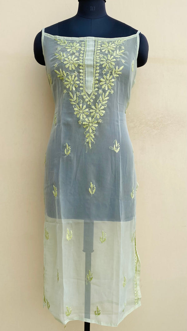 Lucknowi Chikankari Sleeveless Kurti Mehandi Green Georgette With Self Work