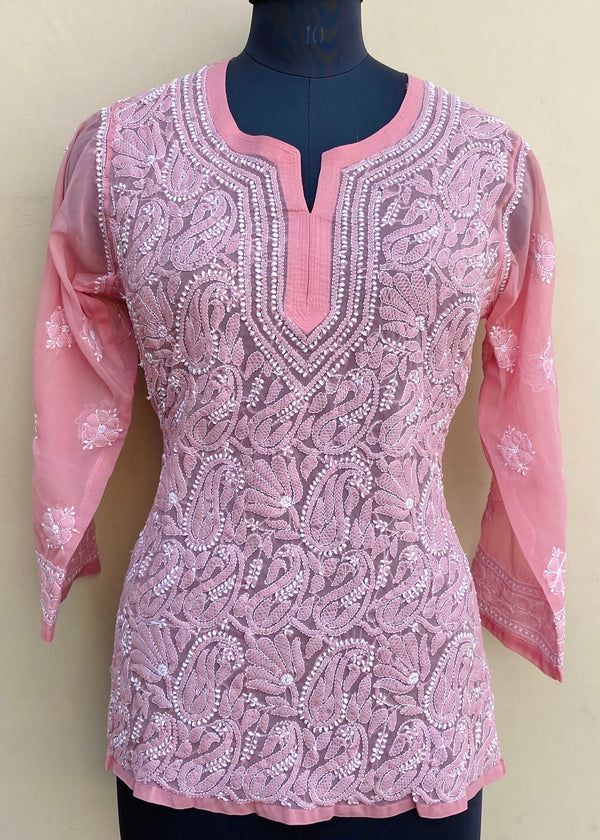 Lucknowi Chikankari Short Kurti Rose Pink Georgette